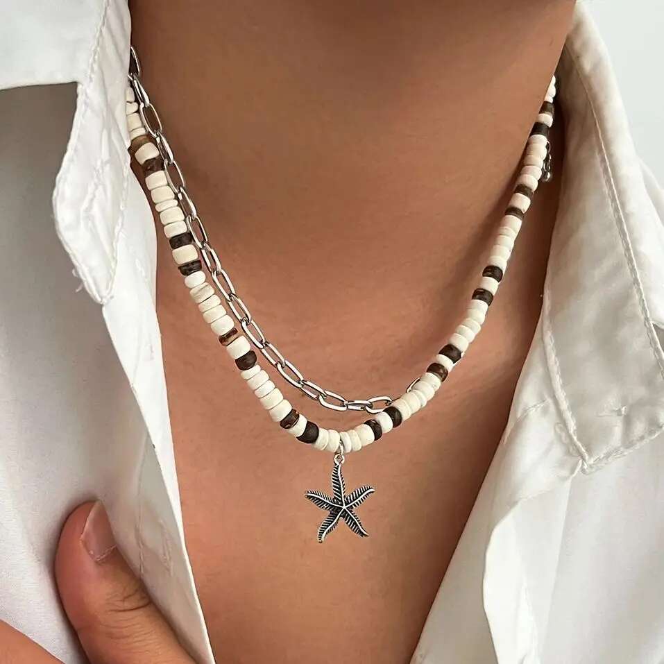 Ingemark 2Pcs/Set Trendy Creative Coconut Husk Starfish Pendant Necklace For Men Punk Hip Hop Clavicle Chain Jewelry Accessories