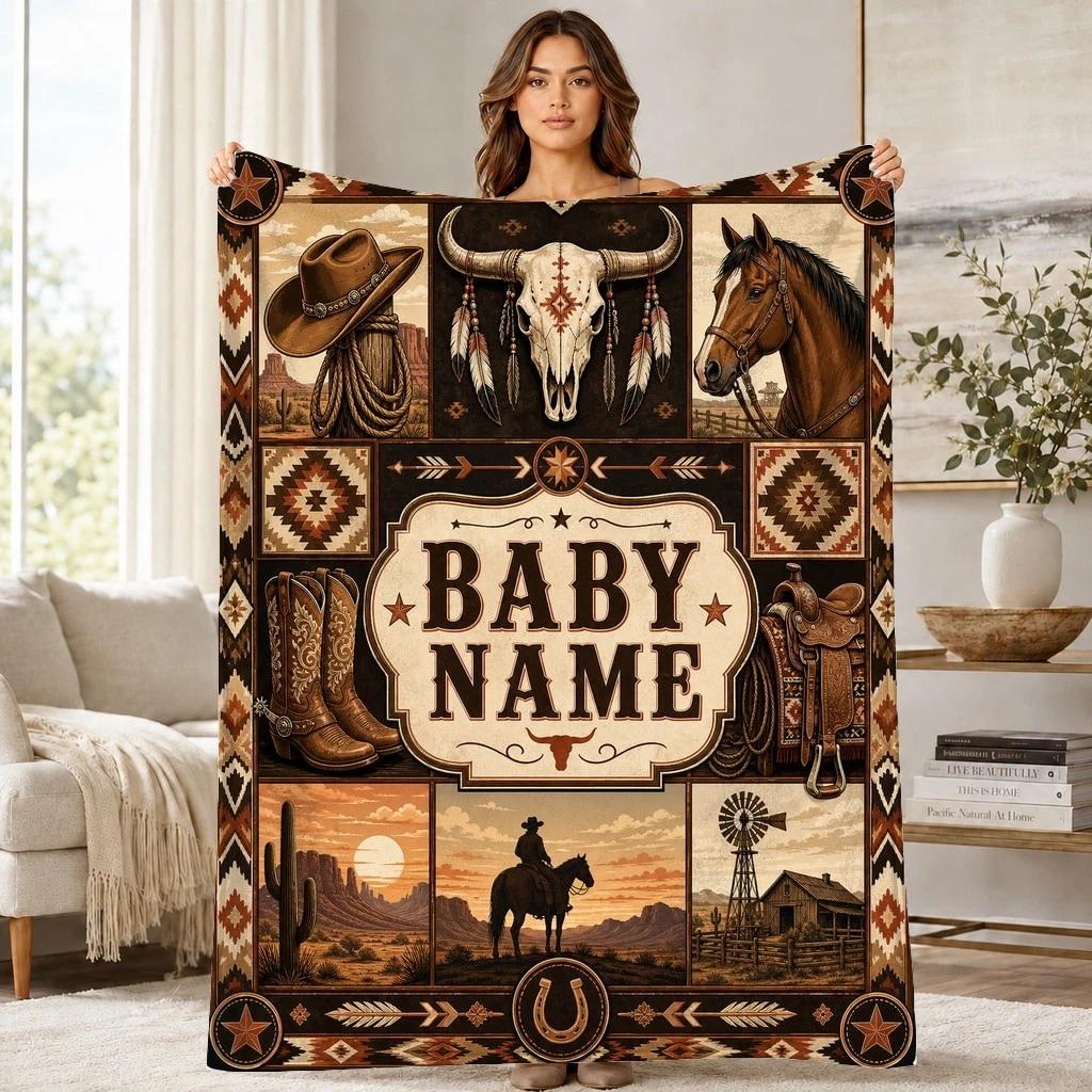 Western Cowboy Baby Name Coral Fleece Blanket Nursery Decor