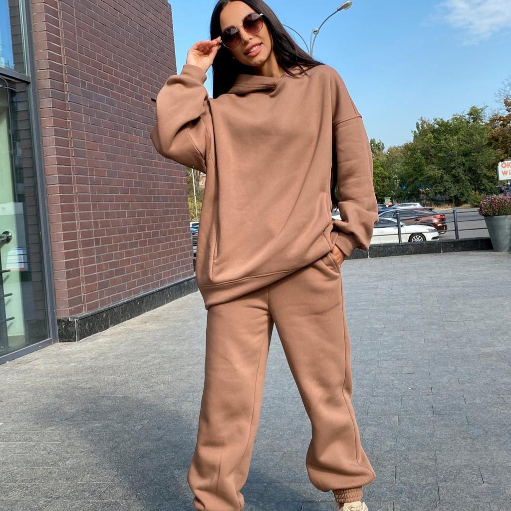 Women's Sets Autumn and Winter Fashion Solid Color Loose Hooded Sweatshirt Casual Trousers Two-piece Set