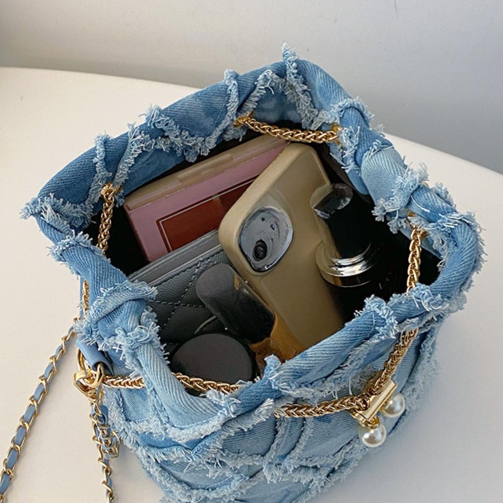 Ling Grid Chain Bucket Bag, Simple Crossbody Bag, Women's Trendy Drawstring Tassel Shoulder Bag