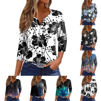 Женский модный повседневный женский топ с v-образным вырезом и рукавами три четверти с принтом и узором