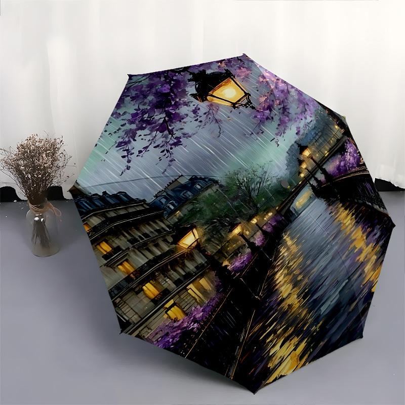 Parisian Canal Purple Blossoms Themed Automatic Opening and Closing Umbrella, Brightly Colored 8-rib Portable Umbrella, Suitable for Men and