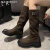 Женские замшевые высокие сапоги на плоской подошве, высокие сапоги до колена, женские зимние дизайнерские ретро-платья в готическом стиле, теплые мотоциклетные сапоги Mujer Botas