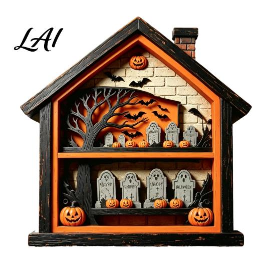 3D Halloween Tabletop Sign Wooden Table Sign Spooky House Shape Ghost Skeleton Block Rustic Ornament Farmhouse Tiered Tray Centerpiece for Shelf Desk