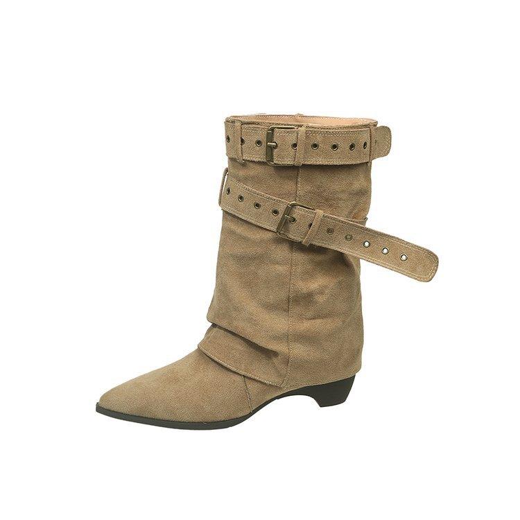 Американские Spice Girls~ Осень-Зима 2025 Новые Брюки с Пряжкой на Ремне Ботильоны на Каблуке Ботильоны с Острым Носком для Увеличения Роста Женские Ковбойские Сапоги в Западном Стиле