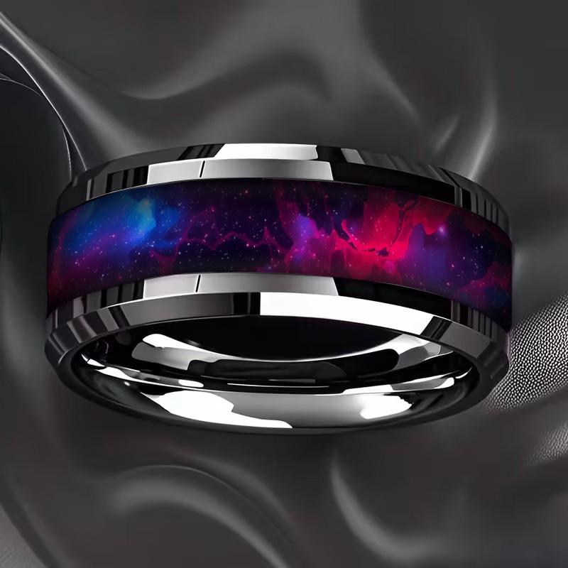 Fashion Men Stainless Steel Rings, 8mm Cyberpunk Rainbow Aurora Grain Inlay Rings for Men High Polished Wedding Bands Jewelry
