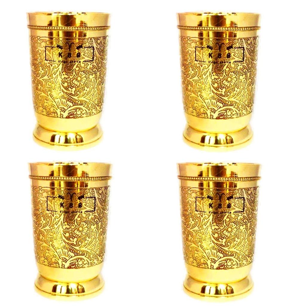 Стакан из чистой латуни с художественной гравировкой, индийская ручная работа., (Пакет из 4)