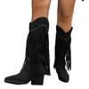 SyfIyno Women's Vintage Fringe Boots Middle Chunky Heel Pointed Toe Autumn Retro Rivet Botas Female Western Cowboy Booties