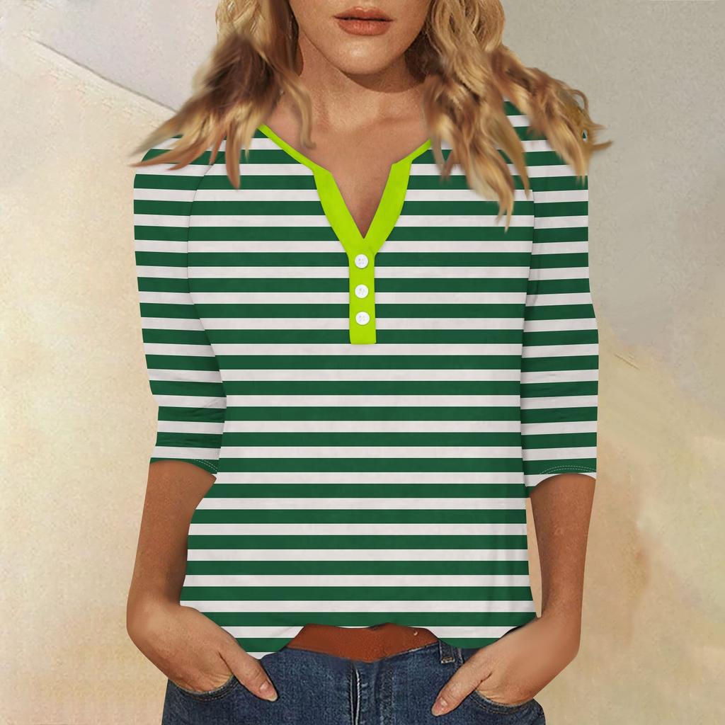 Жен. Футболка Футболка С принтом Пуговицы Рукав 3/4 Повседневные Выходные Мода Классический Классический V-образный вырез Обычный Верх