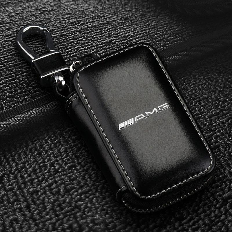 Leather Emblem Car Key Case Keychain Zipper Key Case Bag Car Accessories For Mercedes-Benz AMG C500 C200 C300 A B C E GLA CLA GLK GL ML GLE W204 W205
