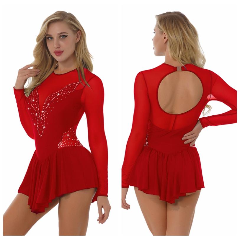 Женское модное платье для фигурного катания, сетчатое лоскутное платье с длинными рукавами и юбкой, купальник для бальных танцев, тренировочный танцевальный костюм