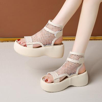 Босоножки с высоким верхом Женская летняя мода Круглый носок Открытый носок Вырезы Дышащая сетка Тонкая платформа Нескользящие ботильоны