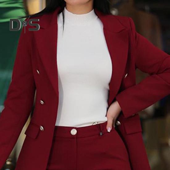 2 Pcs/Set Women Coat Pants Suit Double-breasted Long Sleeve Cadigan Lapel Jacket High Waist Button Zipper Closure Slim Fit Pants Lady OL Commute