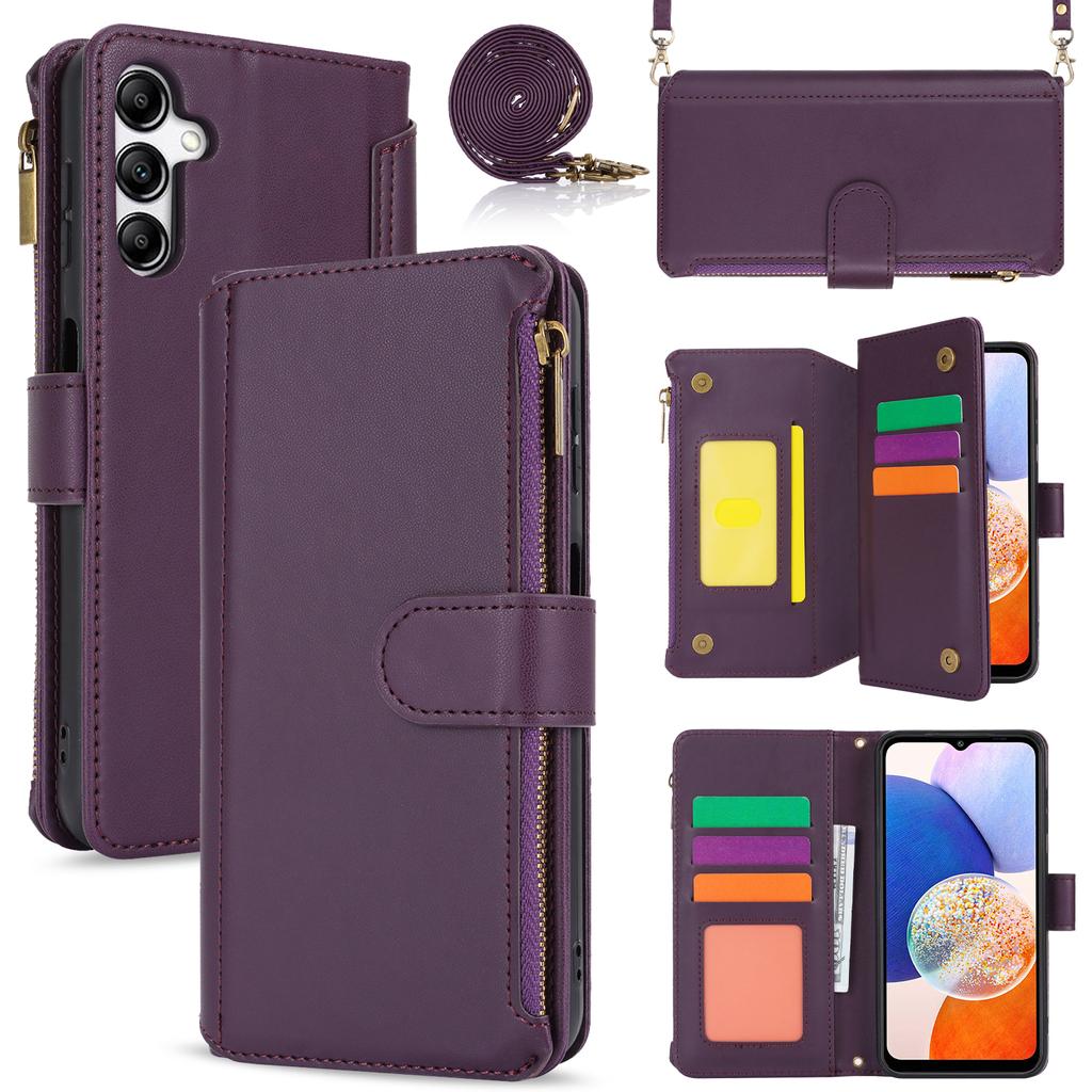 Multi Card Zippered Wallet with Short Hand Rope and Long Hanging Rope Phone Cover Case for iPhone Series/Samsung Series