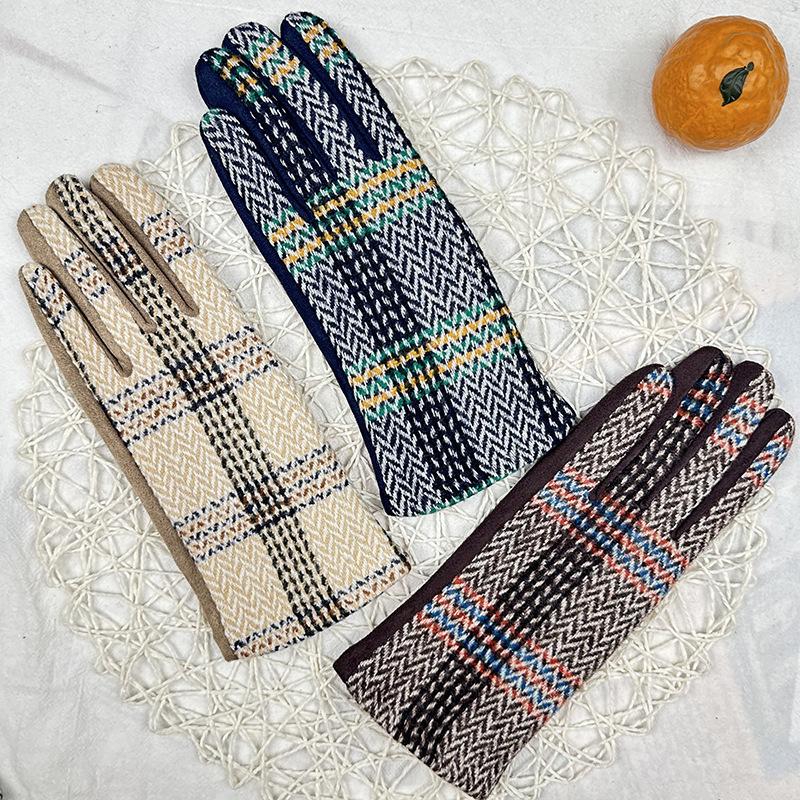 Перчатки из замши для японских девушек, клетчатые, флисовые, утолщенные, термоперчатки для студенток с разделением пальцев