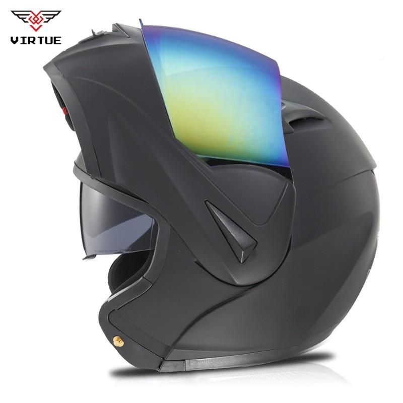 VIRTUE Full Face Motorcycle Helmet With Dual Lens Carbon Fiber Style Decal ABS Shell Flip-Up Design Adult Riders