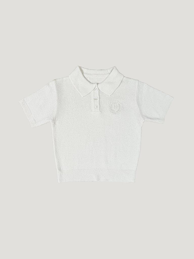 ROYAL CLUB HOLIDAY Укороченный вязаный топ с коротким рукавом и воротником-стойкой из букле Cream Ivory