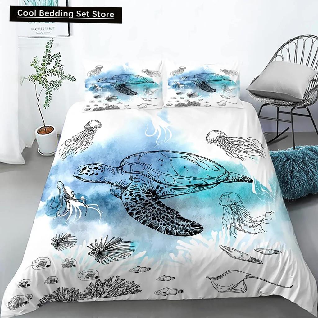 Sea Turtle Duevt Cover Set King Size Ocean Turtle Themed Comforter Cover for Teens Boys and Girls Soft Polyester Quilt Cover