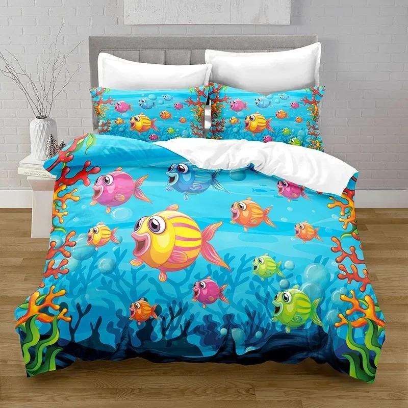 New Cartoon Ocean Fish Duvet Cover Marine Theme Bedding Set Twin Decor Microfiber Sea Underwater World Comforter Cover