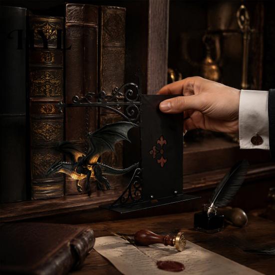 Dragon Sculpture with Stand Magical Flying Bookshelf Lamp, Warm Hanging Night Light, Fantasy Desk Wall Ornament Reading Nook Decor, Unique Gift