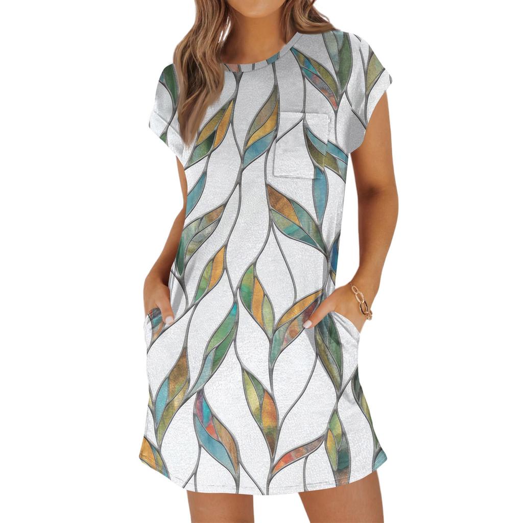 Женская мода повседневная летняя винтажная цветочная печать короткий рукав круглый вырез свободное платье с карманами