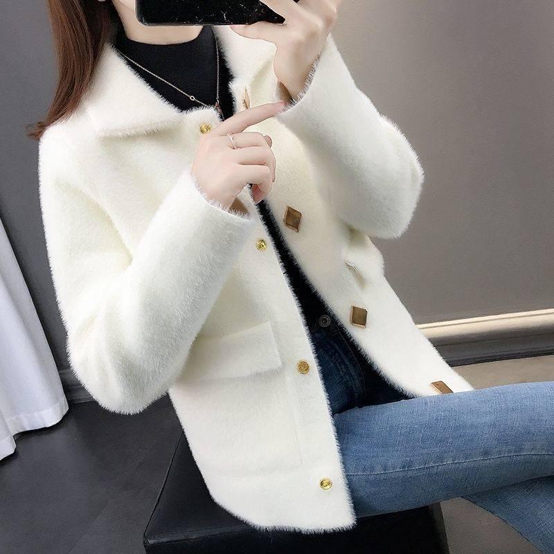 Fuzzy Cardigan Sweater for Women Imitation Mink Velvet Jacket Women Short Mohair Cardigan Lapel Knitted Cardigan Sweaters with Pockets