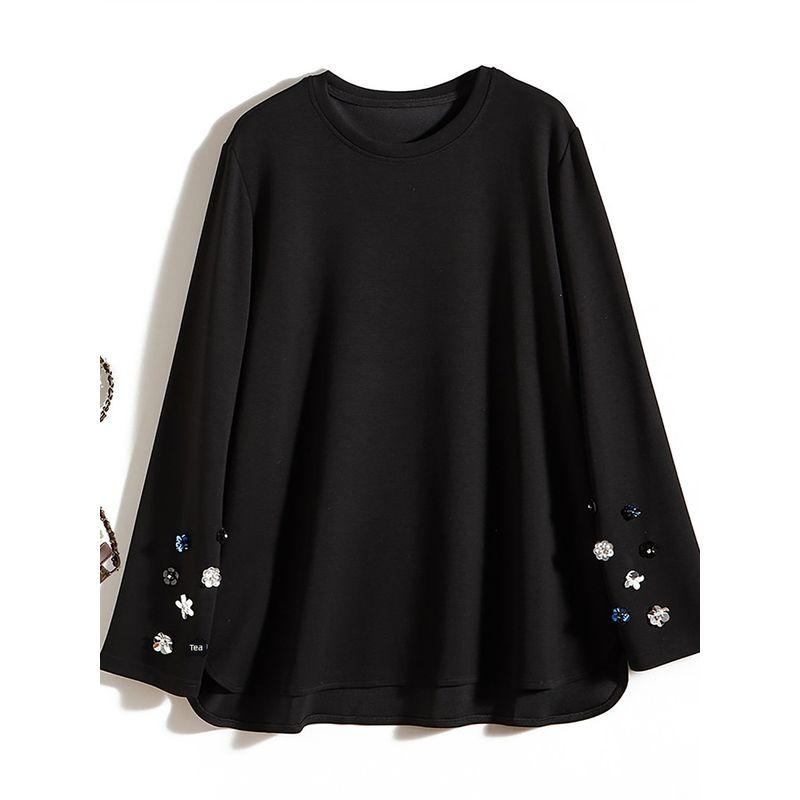 Handmade Beaded Color Sequin! Girls' Stretch Cotton Long Sleeves Round Neck Straight-leg Black Slimming and Fashionable T-shirt Spring & Fall