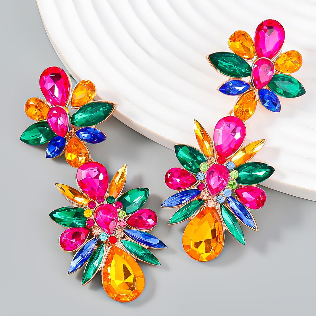 Crystal Flowers Dangle Geometric Earrings For Women Pendientes Bride Wedding Party Vintage Jewelry