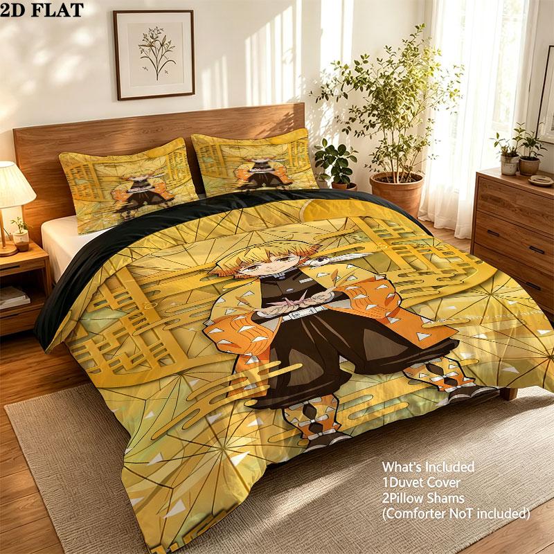 Demon Slayer Pattern Bedding Quilt Set Quilt Cover Pillowcase Home Birthday Gift(1 * duvet cover + 2 * pillowcase, without core)