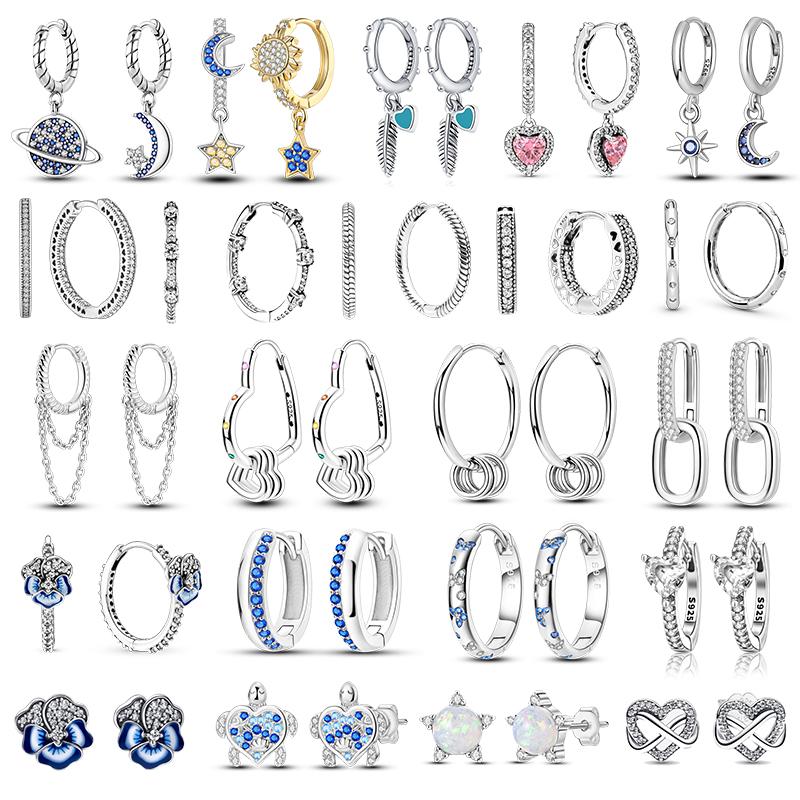 Round Circle Hoop Earrings For Women 925 Silver Heart Star Moon Sun Flower Zircon Opal Earrings Jewelry Gift