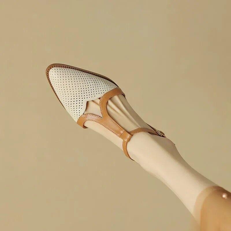 Модные НОВЫЕ летние женские сандалии из спилка, женские простые туфли с острым носком и толстым каблуком, дизайнерские сандалии с открытым носком