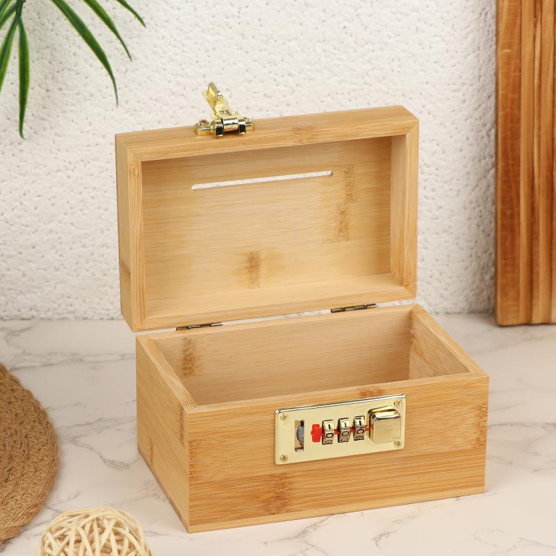Wooden Combination Lock Piggy Bank Secure Box for Kids Savings Portable Treasure Storage Box with 3 Digit Lock for Home Gift
