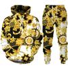 Luxury Golden Floral Print Men's 2 Piece Outfit Retro Baroque Pattern Hoodie/Pants/Set Hip Hop Streetwear Men/Women Jogging Suit