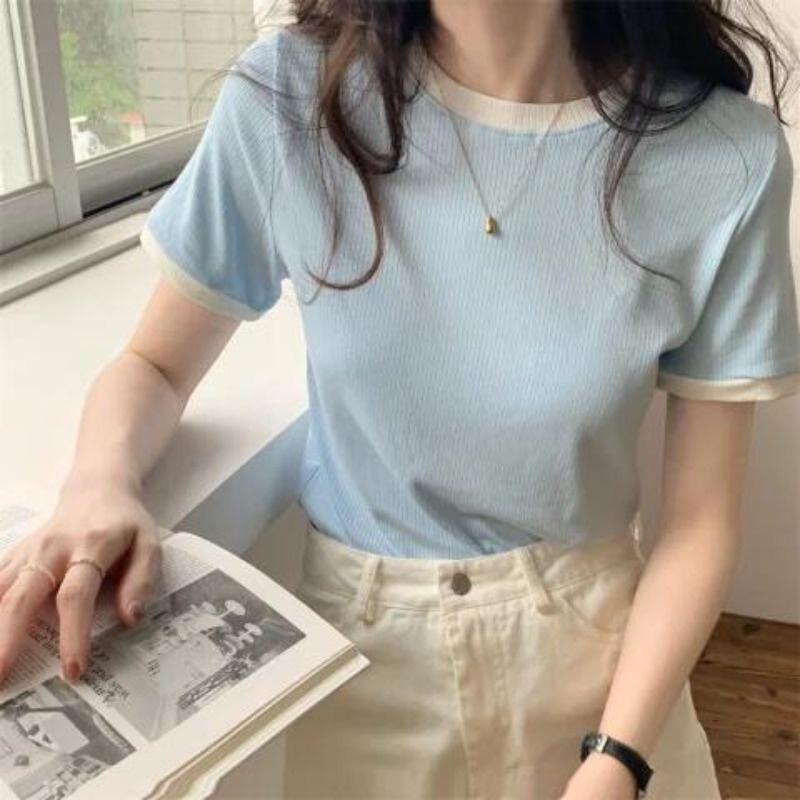 Fashion Round Neck Solid Color Casual Short Sleeved Women's T-shirt Summer New Korean Casual Top