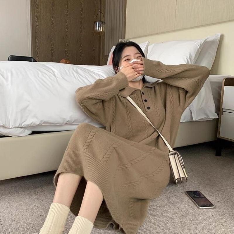 Супер красивое шерстяное платье, женский осенне-зимний свободный свитер, новинка 2023 года, длинный вязаный пуловер с длинными рукавами, женское платье