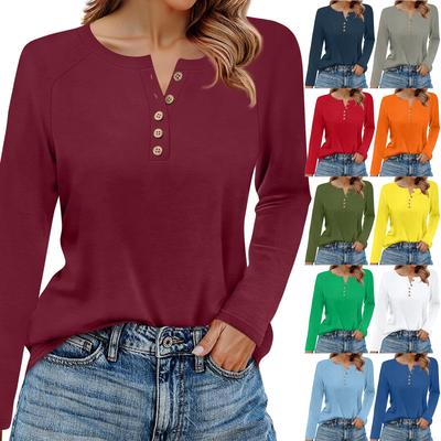Женская футболка однотонная с длинным рукавом, повседневная модная базовая, с круглым вырезом, на пуговицах, рукав реглан