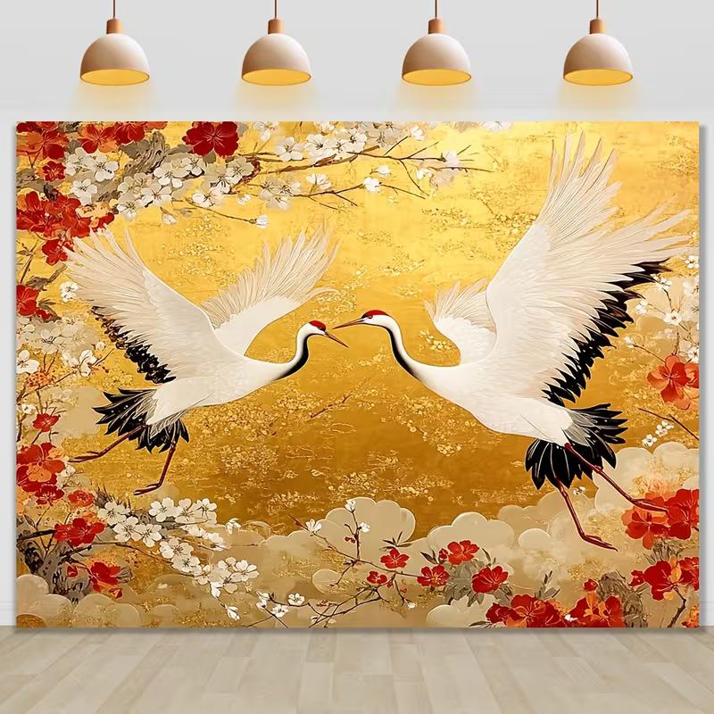 2D Golden Red-crowned Crane Plum Floral Backdrop Oriental Style Photo Background Cloth