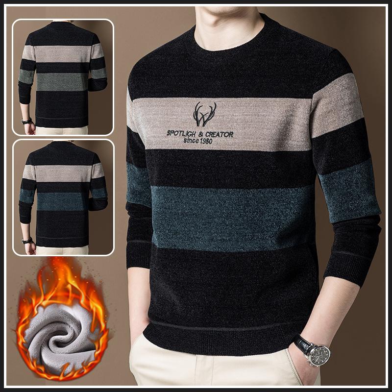 Мужской зимний свитер на флисовой подкладке, теплый вязаный облегающий базовый слой из шенилла.