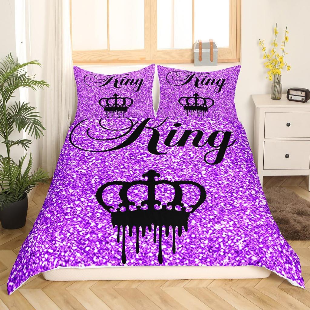 Modern King Crown Duvet Cover Twin Black Pink Bedding Set Women Adults Couple Comforter Cover Girls Valentines Day Quilt Cover