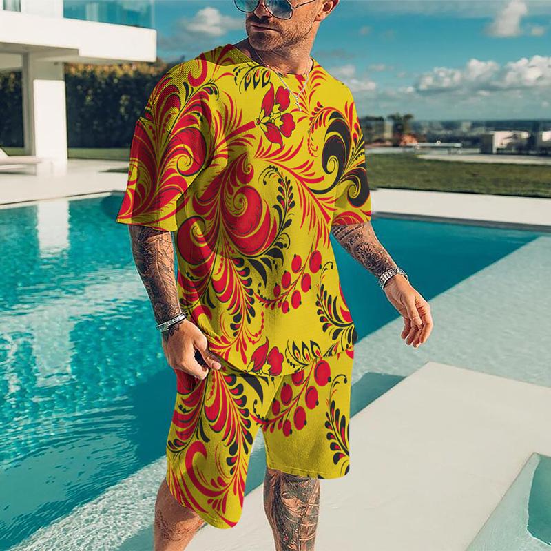 Летний быстросохнущий мужской спортивный комплект, состоящий из 2 предметов с 3D-печатью, золотой линией, черный комплект, мужская футболка в европейском роскошном стиле + пляжные брюки