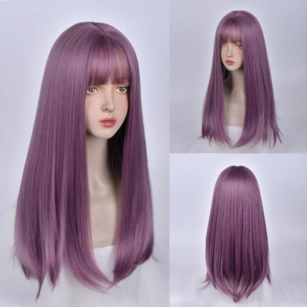 Темно-синий длинный прямой синтетический парик Лолиты для косплея с челкой для женщин, вечерние головные уборы, красные, розовые, светлые волосы