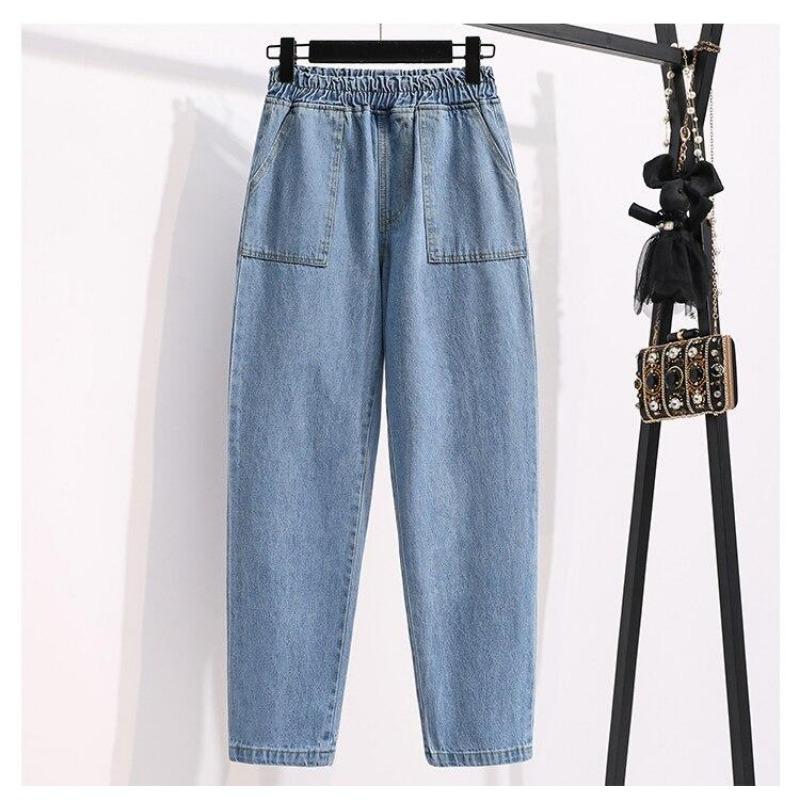 Plus Size Women Jeans Pants High Waist Loose Denim Female Elastic Waist Basic Pockets Trousers