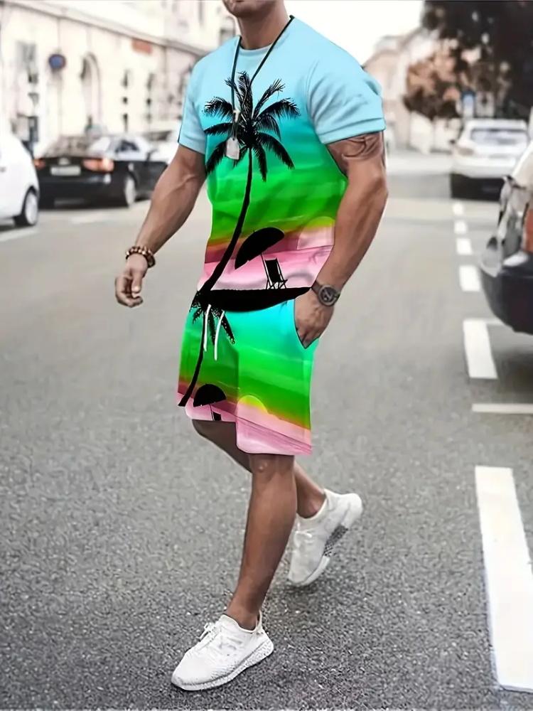 Гавайский кокосовый 3D-принт, модный мужской костюм с круглым вырезом, повседневный, с коротким рукавом и шортами, модный уличный костюм в стиле Харадзюку
