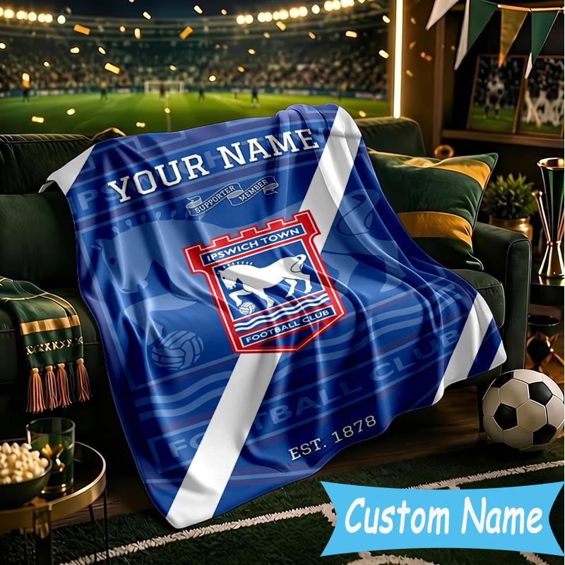 Custom Name Ipswich Town Football Club Crest Flannel Blanket, Use for Birthday/Holiday Gift, Soft Blanket for Sofa/Bed/Camping/Office, Home Decor