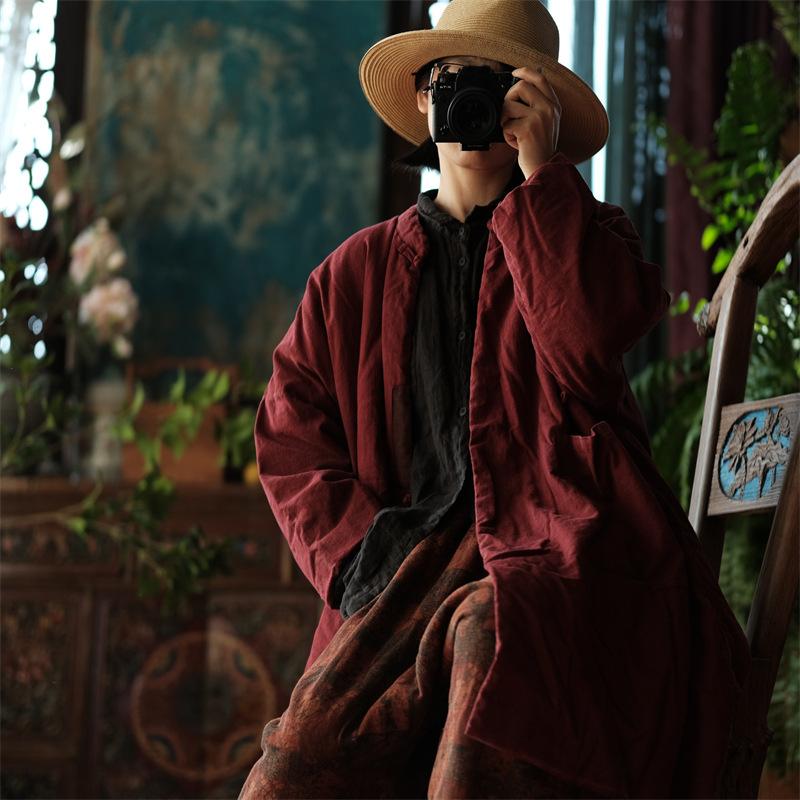 Johnature Women Chinese Style Stand Winter Parkas Solid Color Patchwork Pockets Coats Long Sleeve Button Vintage Parkas