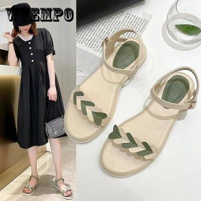 Сандалии, женские летние универсальные туфли на плоской подошве для отдыха, уличная пляжная обувь на низком каблуке с пряжкой в ​​одно слово
