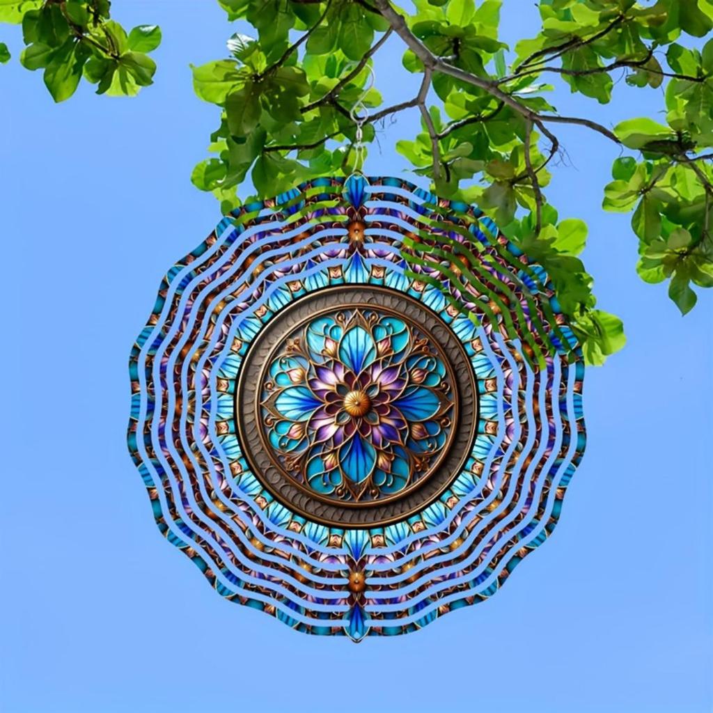 10 Inch Stained Glass Wind Spinner 3D Kinetic Metal Hanging Decor for Garden Yard Indoor Outdoor Blue White Windmill Gift for Women Men