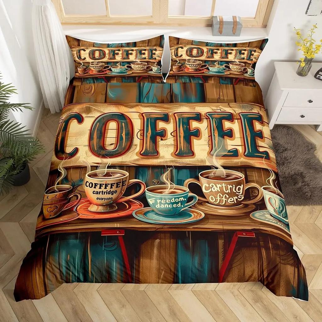 Пододеяльник с изображением кофейного напитка Queen King Cartoon Coffee Drink Cup Print Комплект постельного белья Coffee Lover Cover Modern Brown Quilt Cover