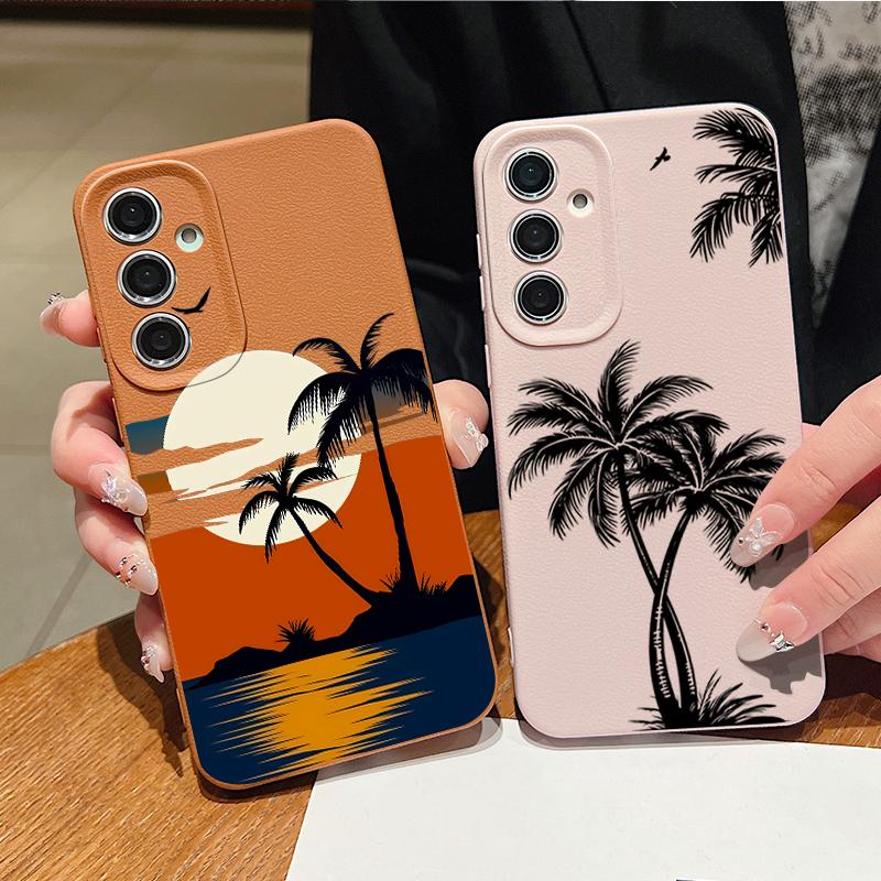 Креативный чехол с принтом «Кокосовый закат» для Samsung S26 S25 S24 Ultra S23 S22 S21 FE A15 A16 A17 A35 A36 A37 A54 A55 A56 A57 5G Кожаная текстура