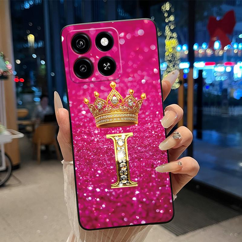 Cool Lucky A-Z Letter Phone Case For ZTE Blade A35/A55 Soft Silicone Black Case Shockproof Luxurious Glitter Crown Shell
